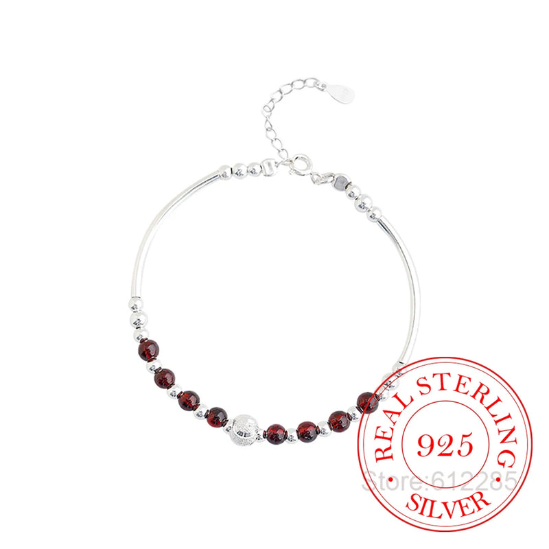 925 Sterling Silver Red Crystal Round Bead Charm Bracelet for Women