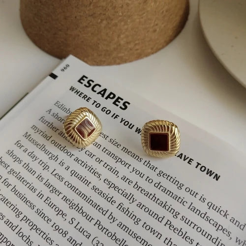 925 Silver Red Resin Cabochon Stud Earrings