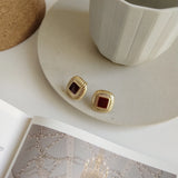 925 Silver Red Resin Cabochon Stud Earrings
