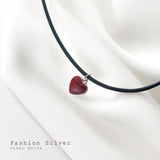 925 Silver Red Heart Necklace Leather Choker
