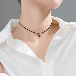 925 Silver Red Heart Necklace Leather Choker