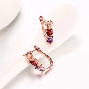 925 Silver Zircon Heart Piercing Earrings Red Purple