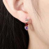 925 Silver Zircon Heart Piercing Earrings Red Purple