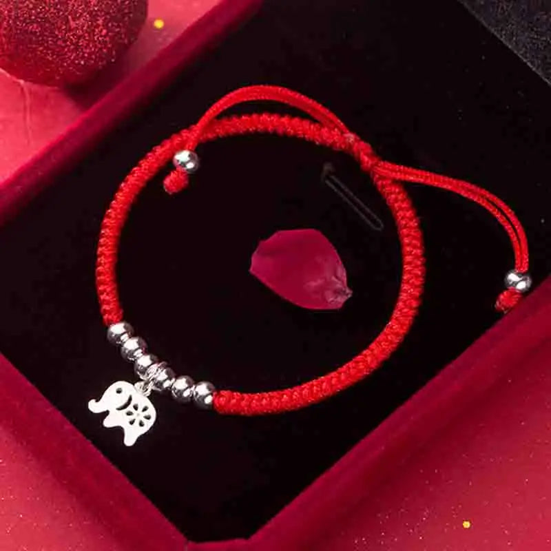 925 Silver Red Thread Elephant Bracelet for Women