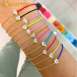 925 Silver Colorful String Heart CZ Hand Chain Bracelet Women