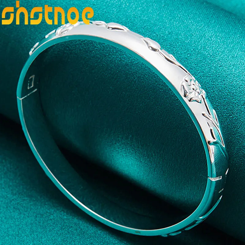 925 Silver Flower Bangle Bracelet For Women Wedding Jewelry