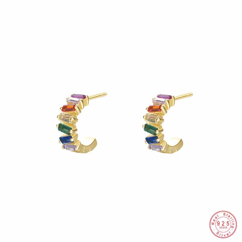 925 Silver Zircon Stud Earrings Retro Colored for Women Girl