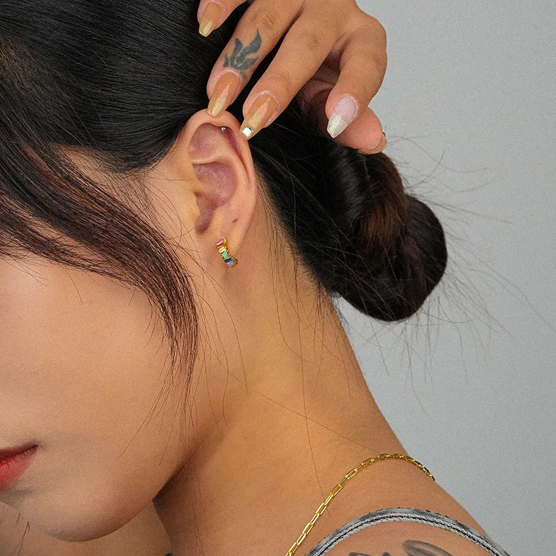 925 Silver Zircon Stud Earrings Retro Colored for Women Girl