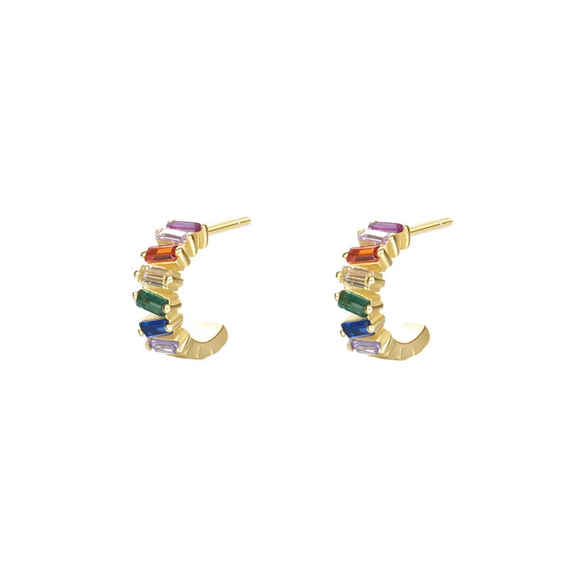 925 Silver Zircon Stud Earrings Retro Colored for Women Girl