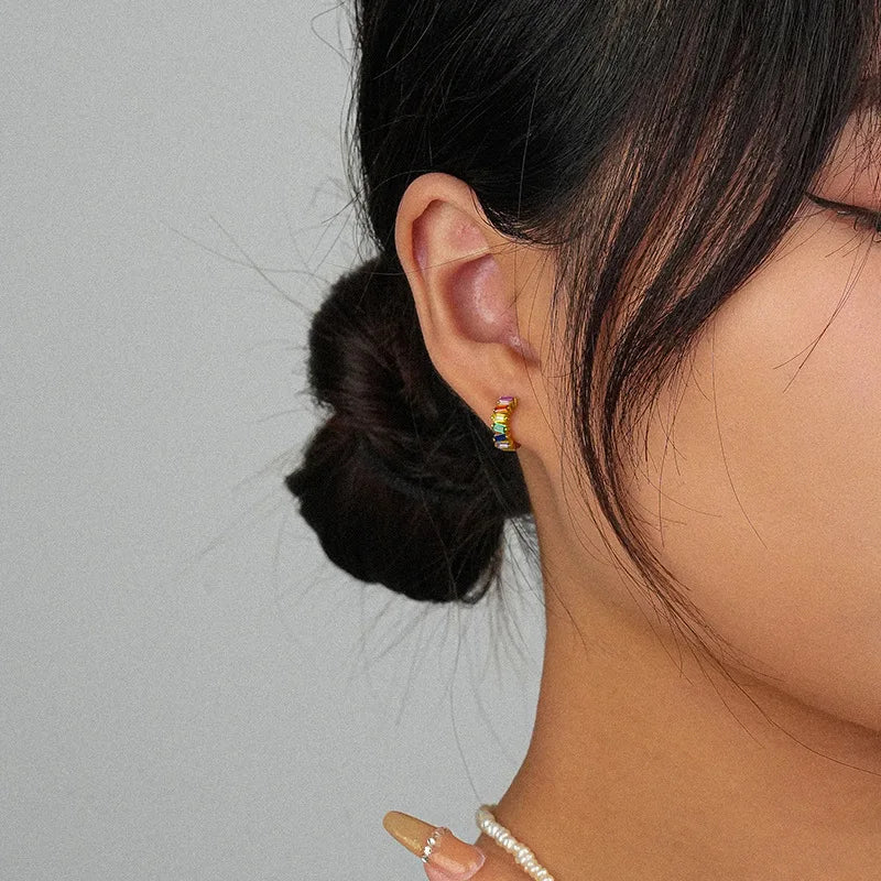 925 Silver Zircon Stud Earrings Retro Colored for Women Girl