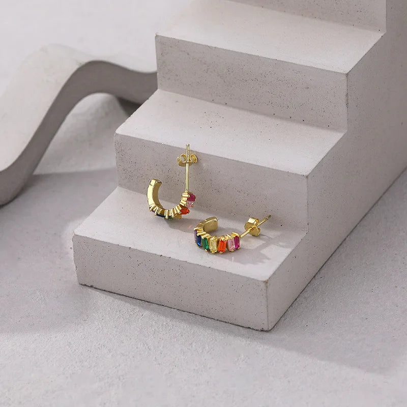 925 Silver Zircon Stud Earrings Retro Colored for Women Girl