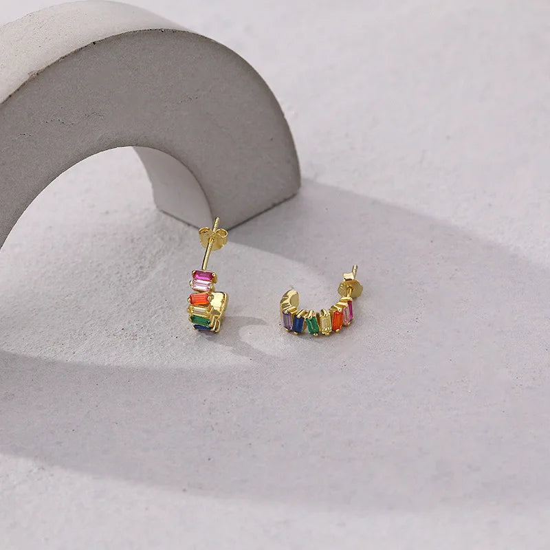 925 Silver Zircon Stud Earrings Retro Colored for Women Girl