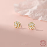925 Silver Pearl Camellia Flower Stud Earrings French Style