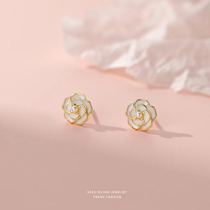 925 Silver Pearl Camellia Flower Stud Earrings French Style