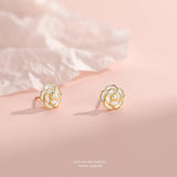 925 Silver Pearl Camellia Flower Stud Earrings French Style
