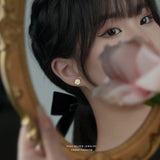 925 Silver Pearl Camellia Flower Stud Earrings French Style