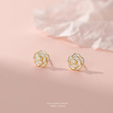 925 Silver Pearl Camellia Flower Stud Earrings French Style