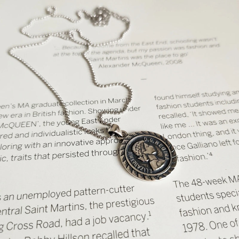 925 Silver Goddess Coin Pendant Necklace Antique Ball Chain Elizabeth Necklaces