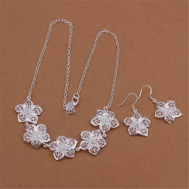 925 Silver Flowers Jewelry Set - Women's Elegant Floral Design