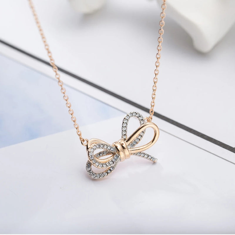 925 Silver Rhinestone Bow Necklace Zirconia Choker