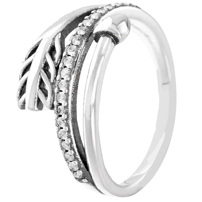 925 Silver Openwork Vintage Heart Pearl Arrow Ring Crystal Women's Jewelry