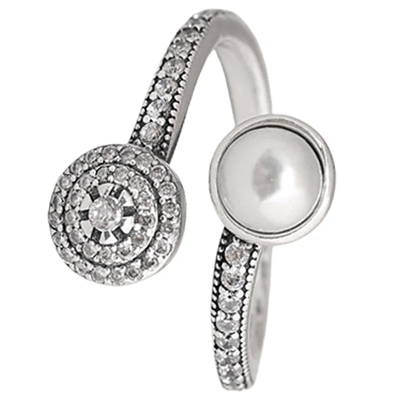925 Silver Openwork Vintage Heart Pearl Arrow Ring Crystal Women's Jewelry