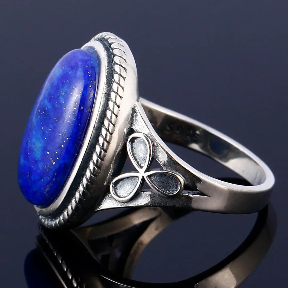 925 Silver Ring Natural Lapis Moonstone Women Vintage Jewelry