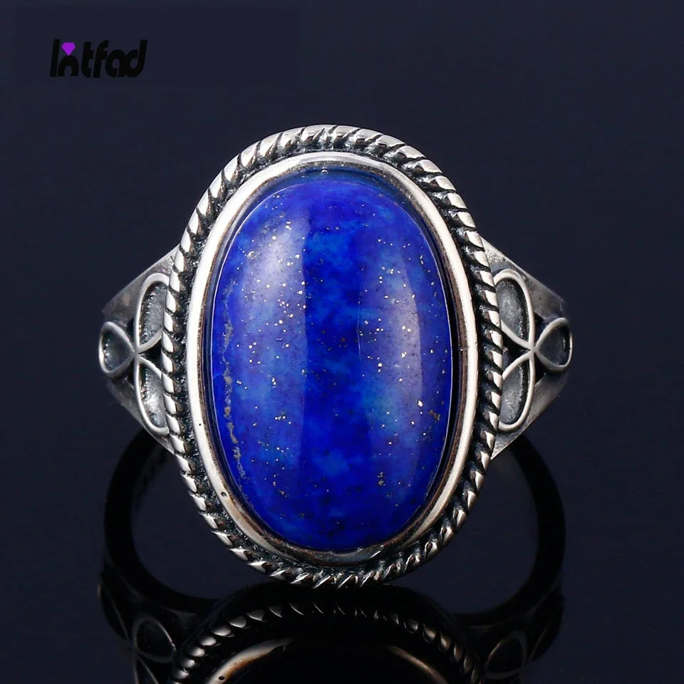 925 Silver Ring Natural Lapis Moonstone Women Vintage Jewelry