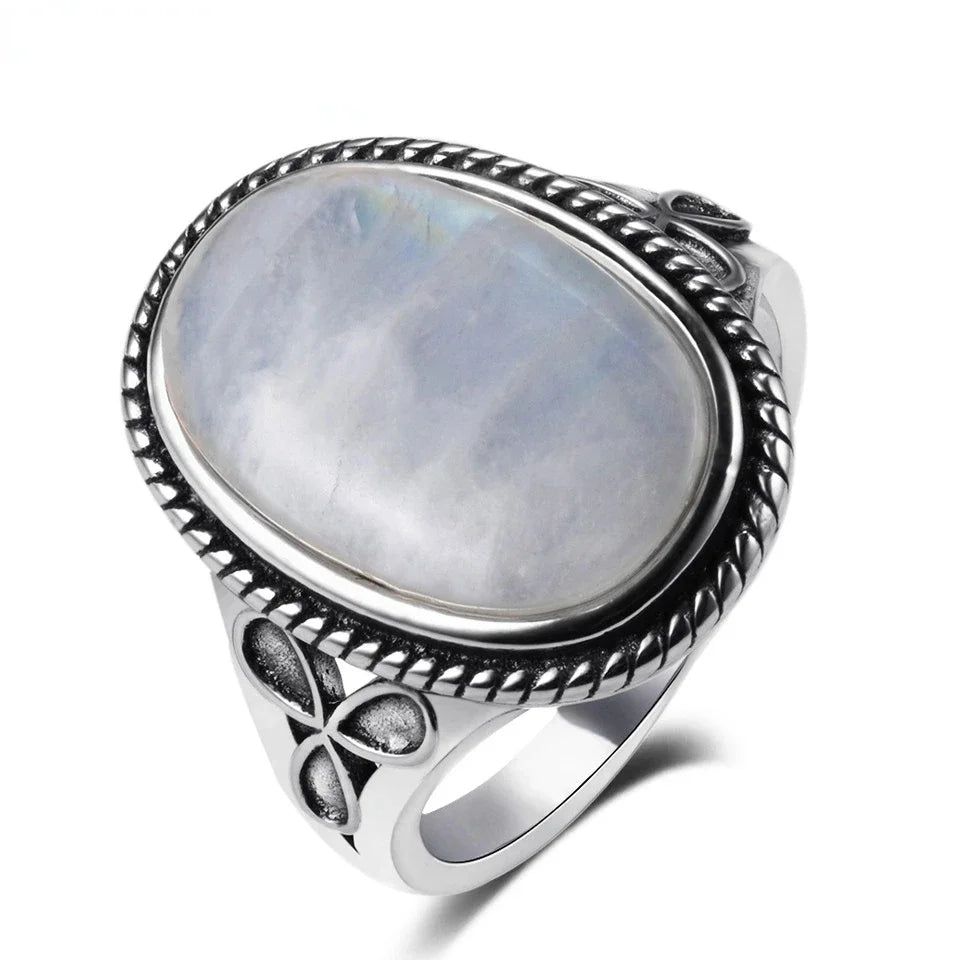 925 Silver Ring Natural Lapis Moonstone Women Vintage Jewelry