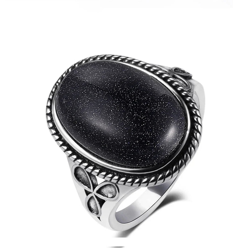925 Silver Ring Natural Lapis Moonstone Women Vintage Jewelry