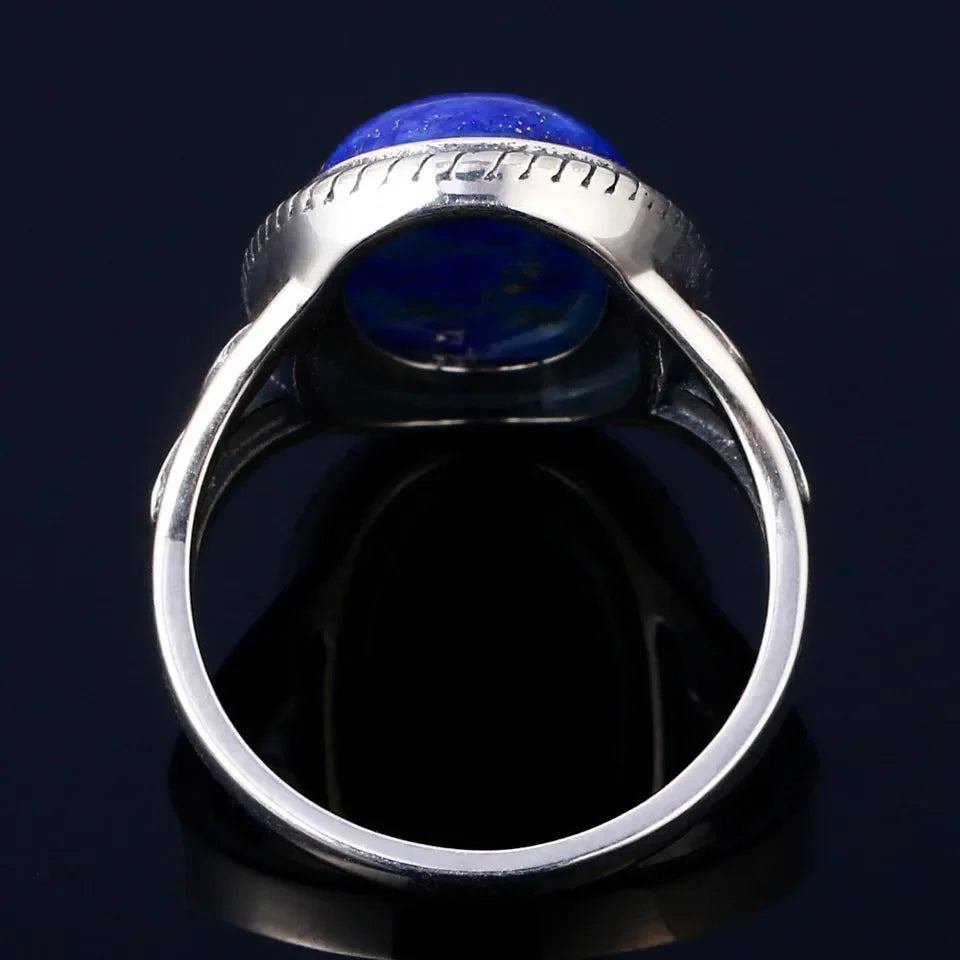 925 Silver Ring Natural Lapis Moonstone Women Vintage Jewelry