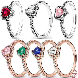 925 Silver Red Heart Crystal Ring Engagement Birthday Gift