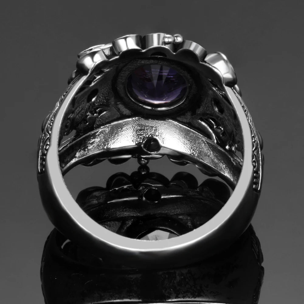 925 Silver Ring 8MM Vintage Tree Leaf Flower Purple Stone Gemstone Anniversary