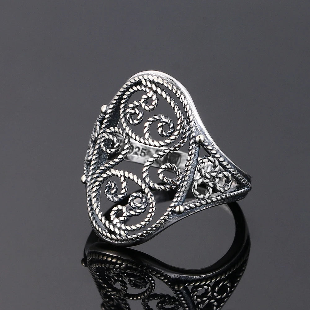 925 Silver Vintage Hollow Carving Ring for Women Wedding Anniversary Gift