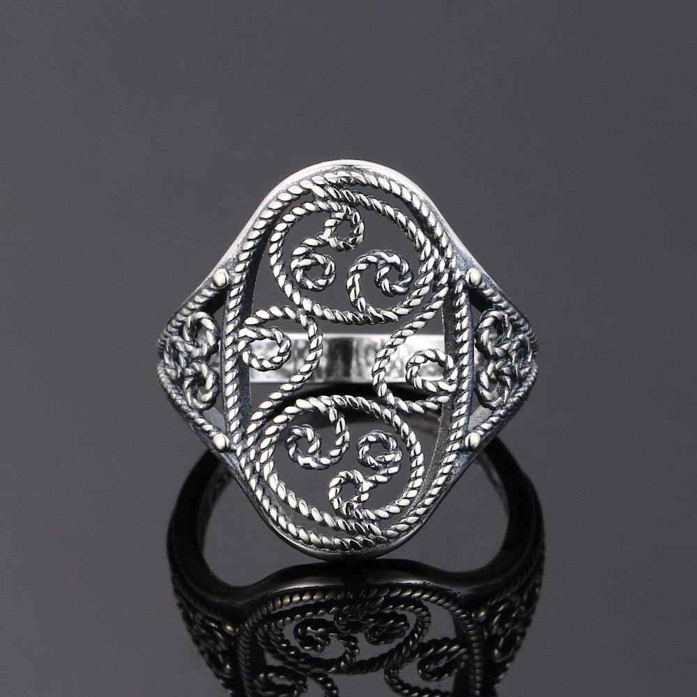 925 Silver Vintage Hollow Carving Ring for Women Wedding Anniversary Gift