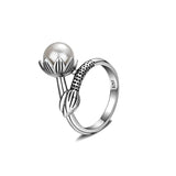 925 Silver 8MM Natural Pearl Flower Ring Vintage Fine Jewelry Women