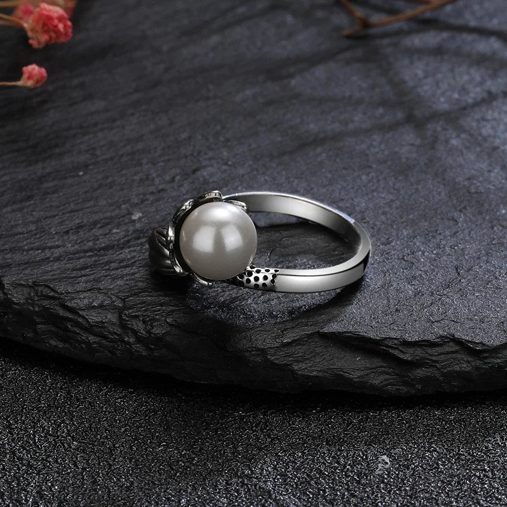 925 Silver 8MM Natural Pearl Flower Ring Vintage Fine Jewelry Women