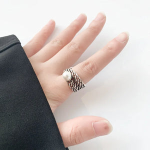 925 Sterling Silver Vintage Pearl Geometric Wide Ring for Women