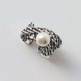 925 Sterling Silver Vintage Pearl Geometric Wide Ring for Women
