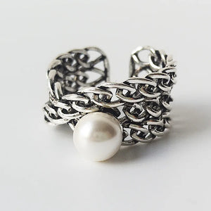 925 Sterling Silver Vintage Pearl Geometric Wide Ring for Women