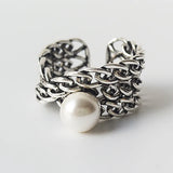 925 Sterling Silver Vintage Pearl Geometric Wide Ring for Women