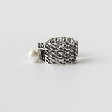 925 Sterling Silver Vintage Pearl Geometric Wide Ring for Women