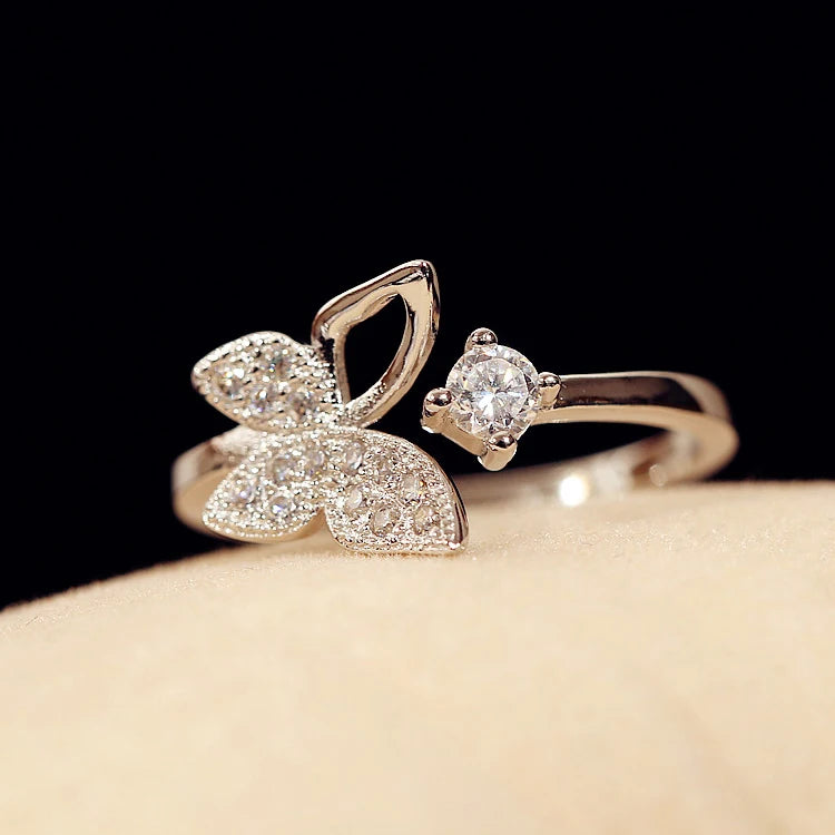 Sterling Silver Butterfly Zircon Open Ring for Women