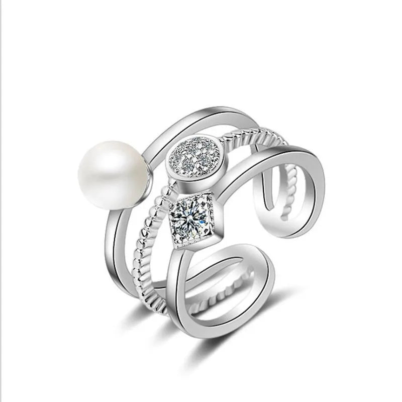 925 Silver Multi-layer Pearl Cz Zirconia Resizable Rings