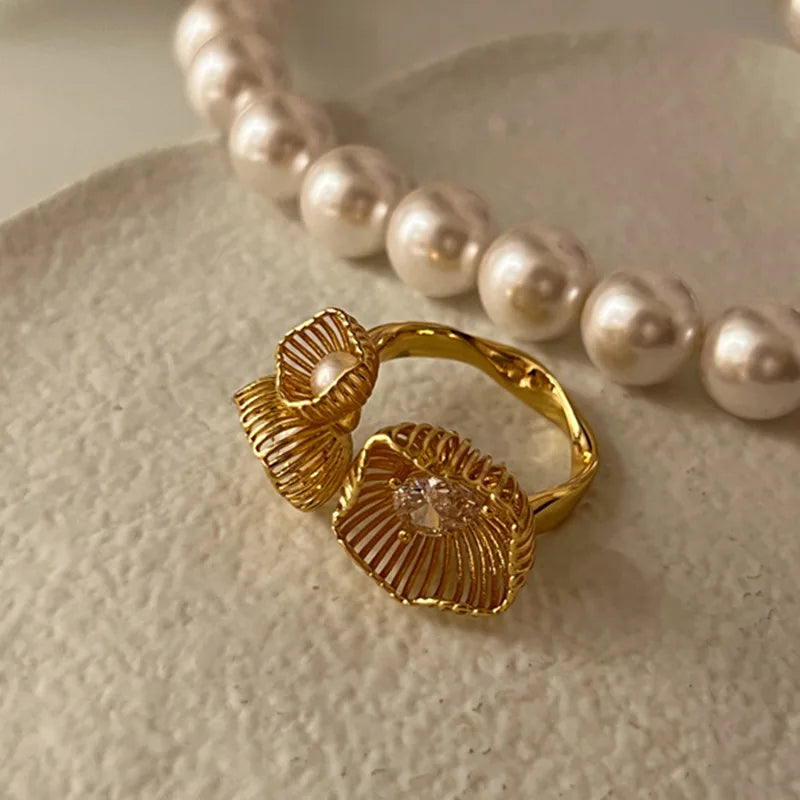 925 Silver Rings Pearl Couples Hollow Flower Thai Silver Party Jewelry Gift