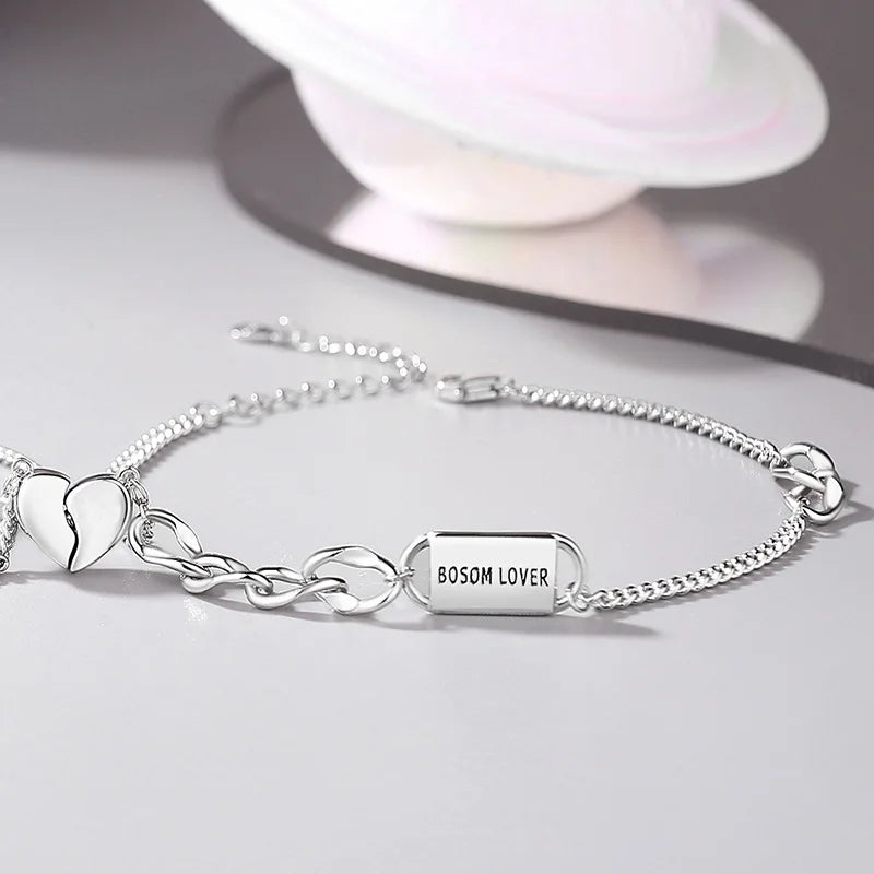 925 Silver Romantic Love Chain Couple Bracelet Platinum Plating Jewelry