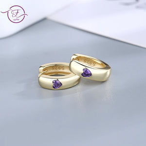 925 Silver Romantic Purple Clear Heart Zircon Hoop Earrings