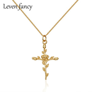 925 Silver Rose Flower Cross Pendant Necklace for Women Girls