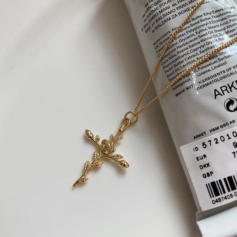 925 Silver Rose Flower Cross Pendant Necklace for Women Girls