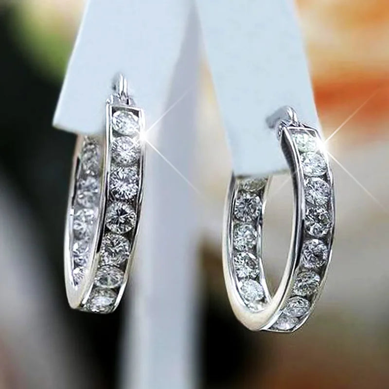 925 Silver Zircon Crystal Circle Piercing Hoop Earrings